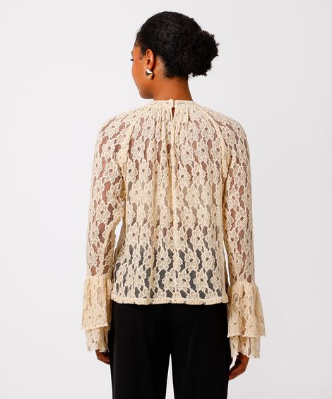 blusa feminina de renda floral mindset bege