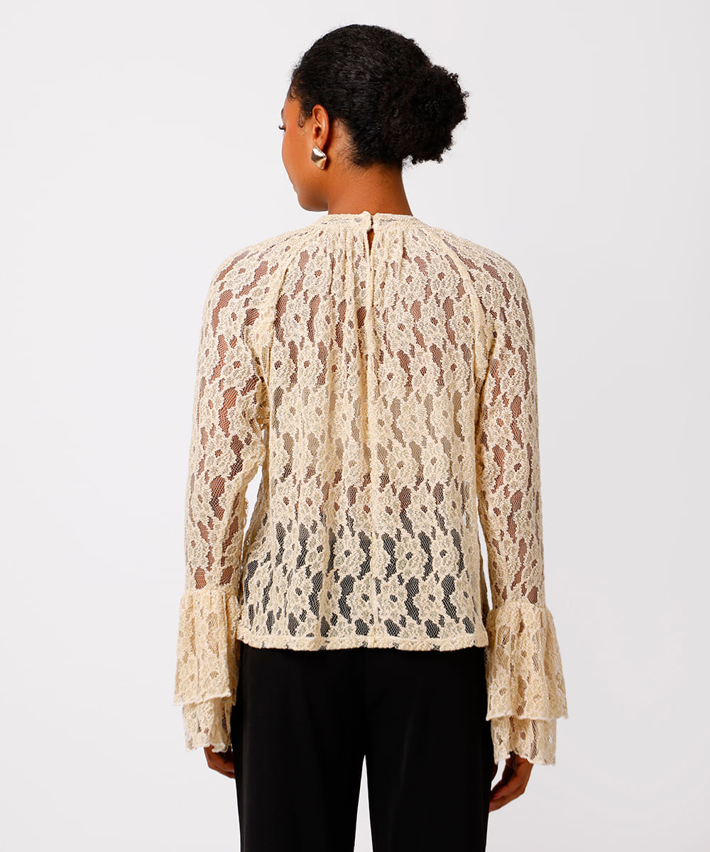 blusa feminina de renda floral mindset bege