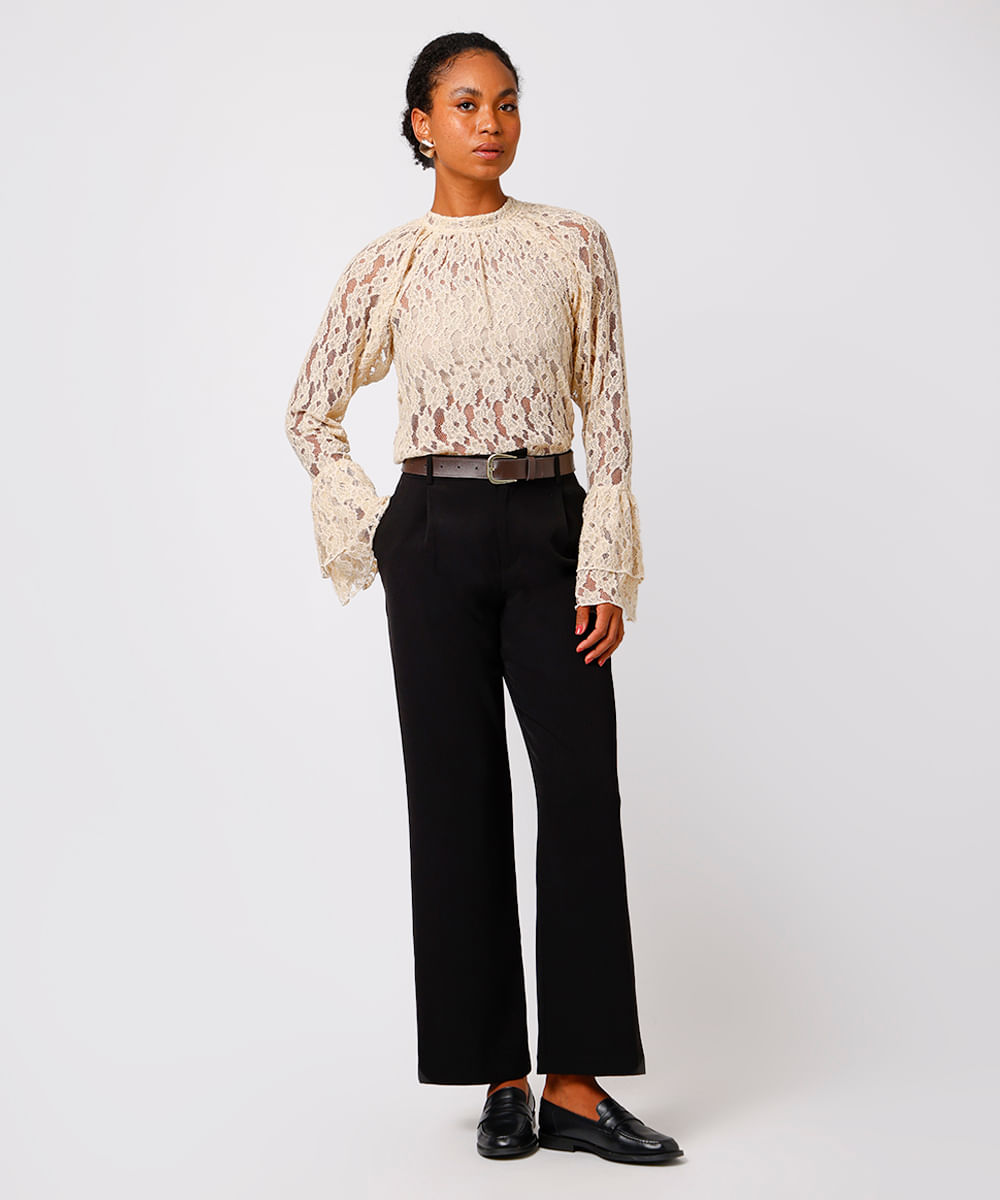 blusa feminina de renda floral mindset bege