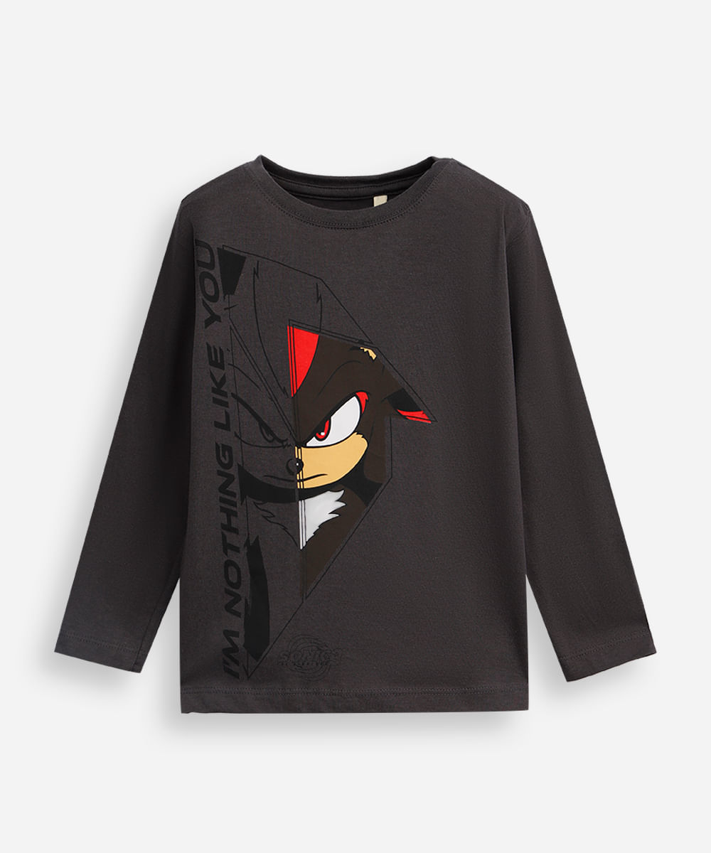camiseta infantil de algodão sonic manga longa cinza