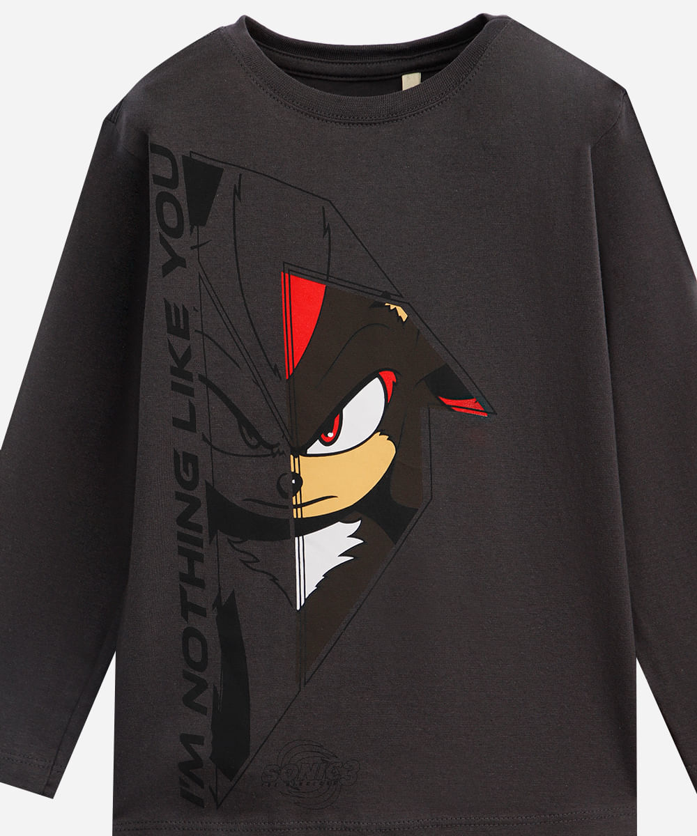 camiseta infantil de algodão sonic manga longa cinza