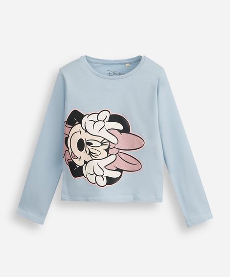 blusa infantil de algodão manga longa minnie com glitter azul