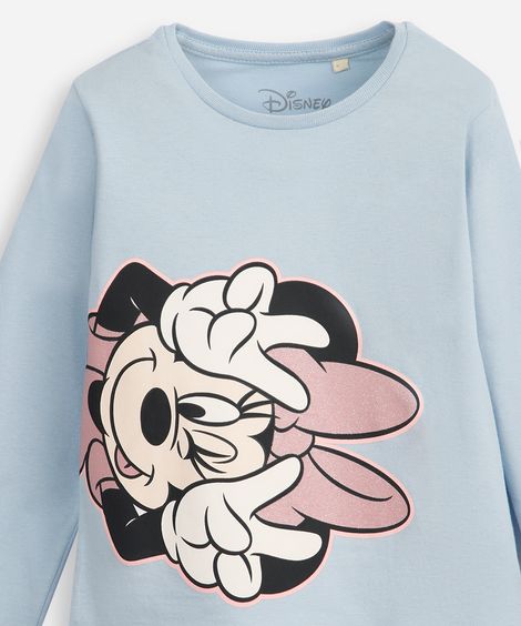 blusa infantil de algodão manga longa minnie com glitter azul