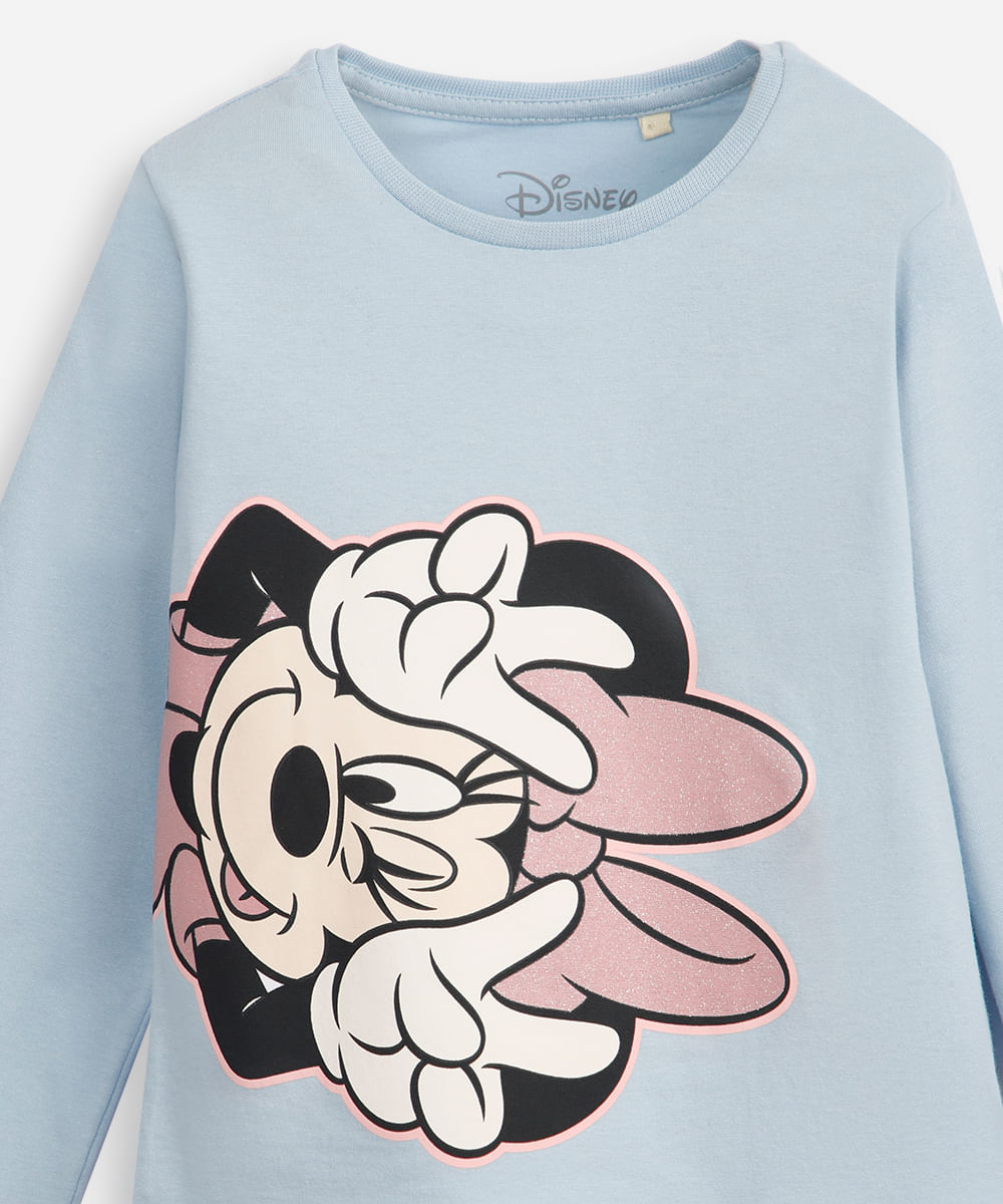 blusa infantil de algodão manga longa minnie com glitter azul
