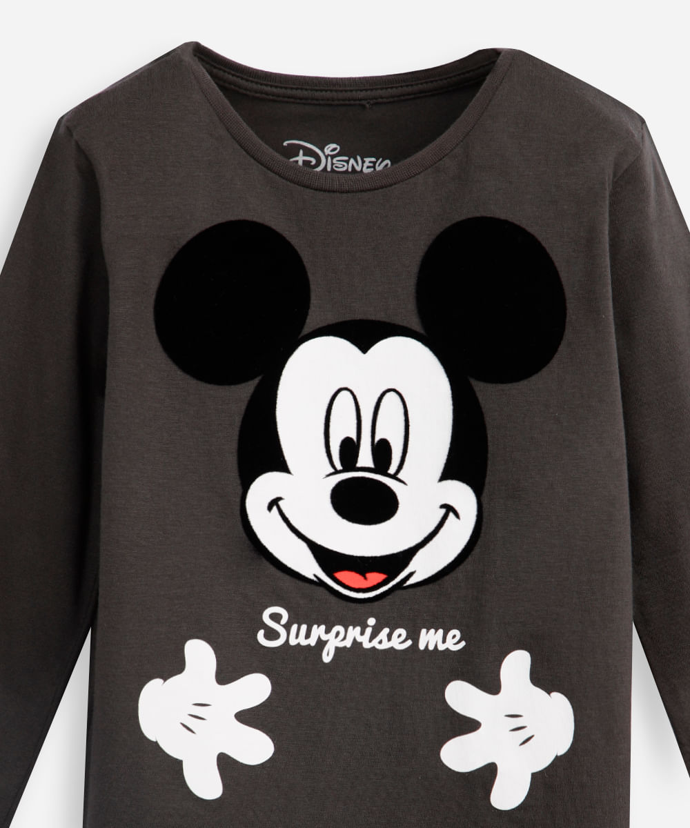 camiseta infantil de algodão mickey texturizada manga longa cinza
