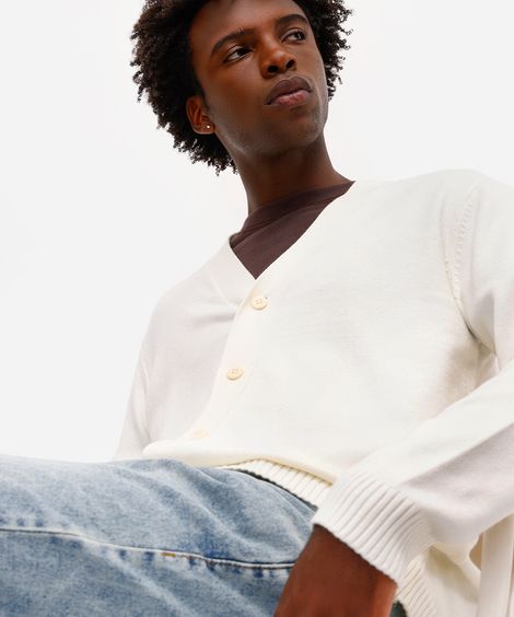cardigan masculino de tricot manga longa off white