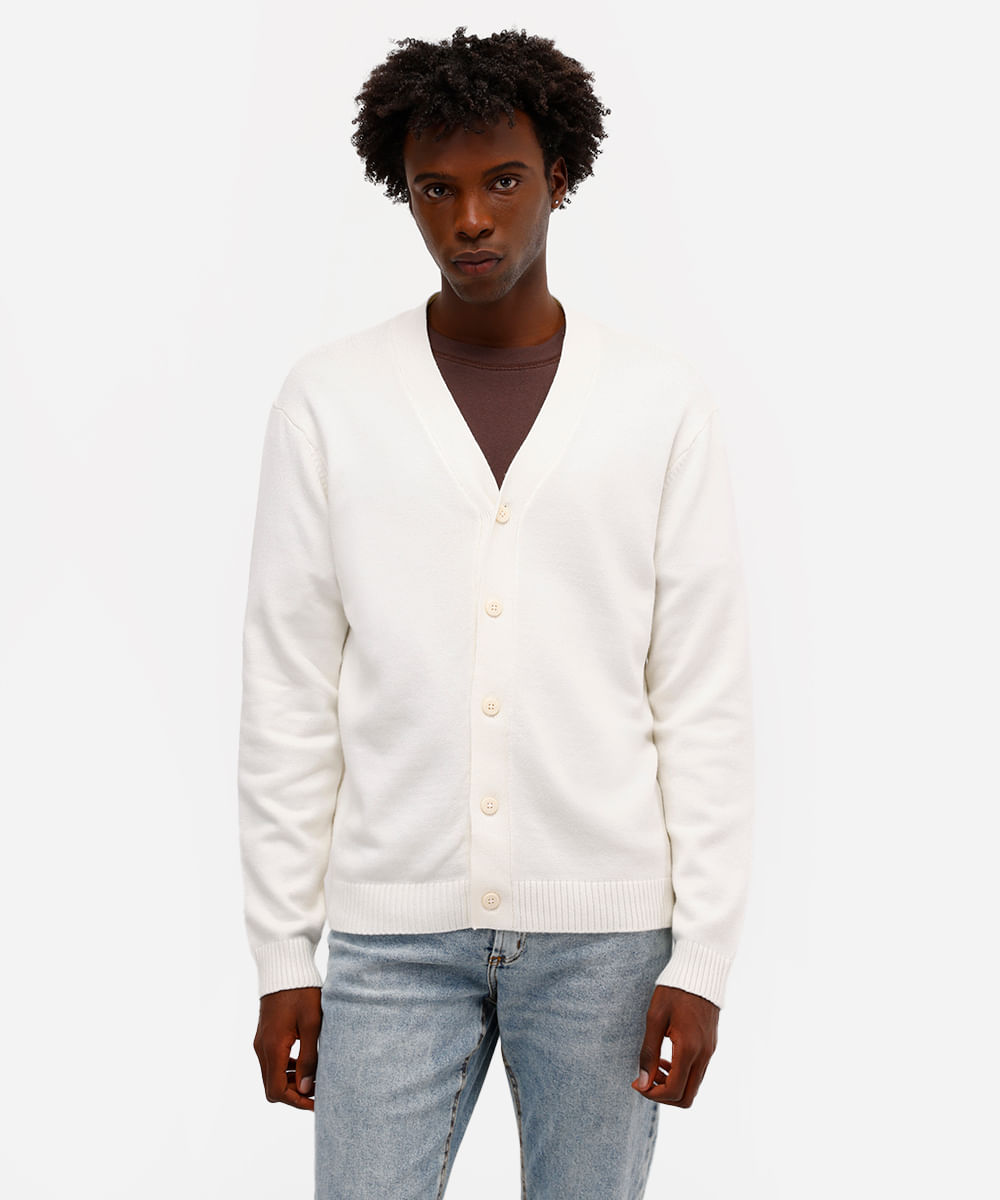 cardigan masculino de tricot manga longa off white