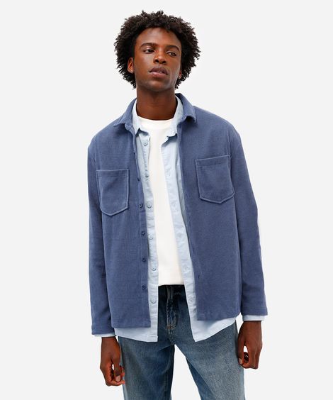 camisa masculina manga longa canelada azul