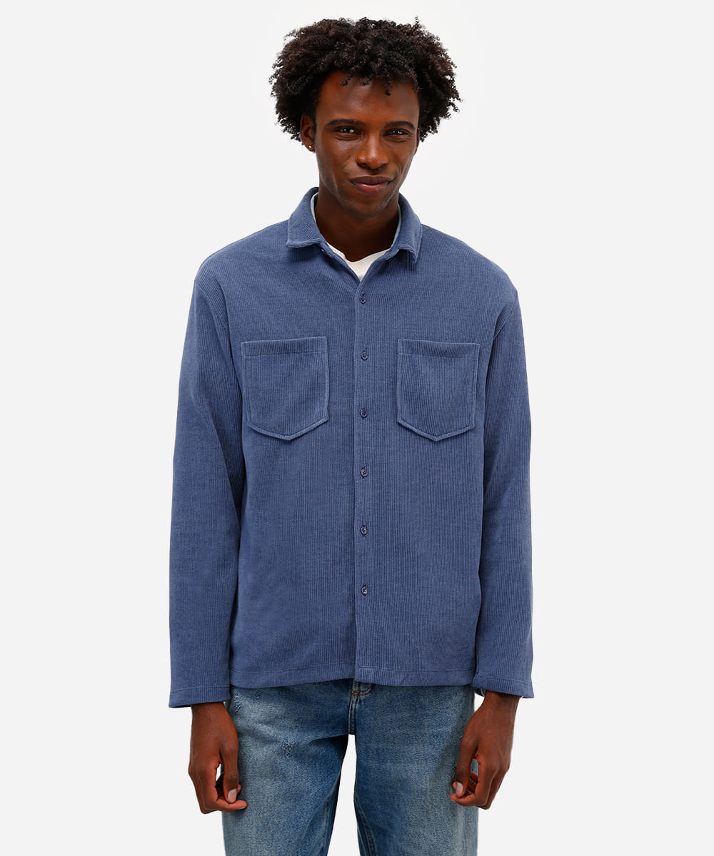 camisa masculina manga longa canelada azul