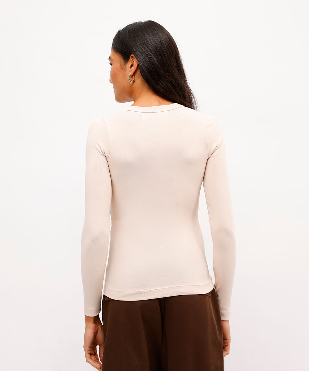 blusa feminina de algodão manga longa canelada bege