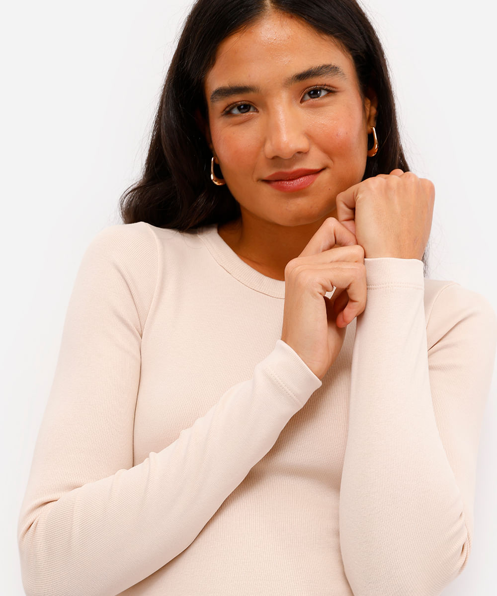 blusa feminina de algodão manga longa canelada bege