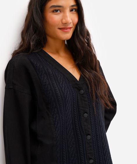 jaqueta jeans feminina com recorte em tricot preta