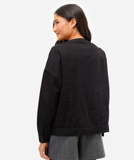 jaqueta jeans feminina com recorte em tricot preta