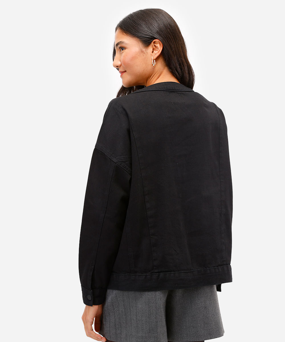 jaqueta jeans feminina com recorte em tricot preta
