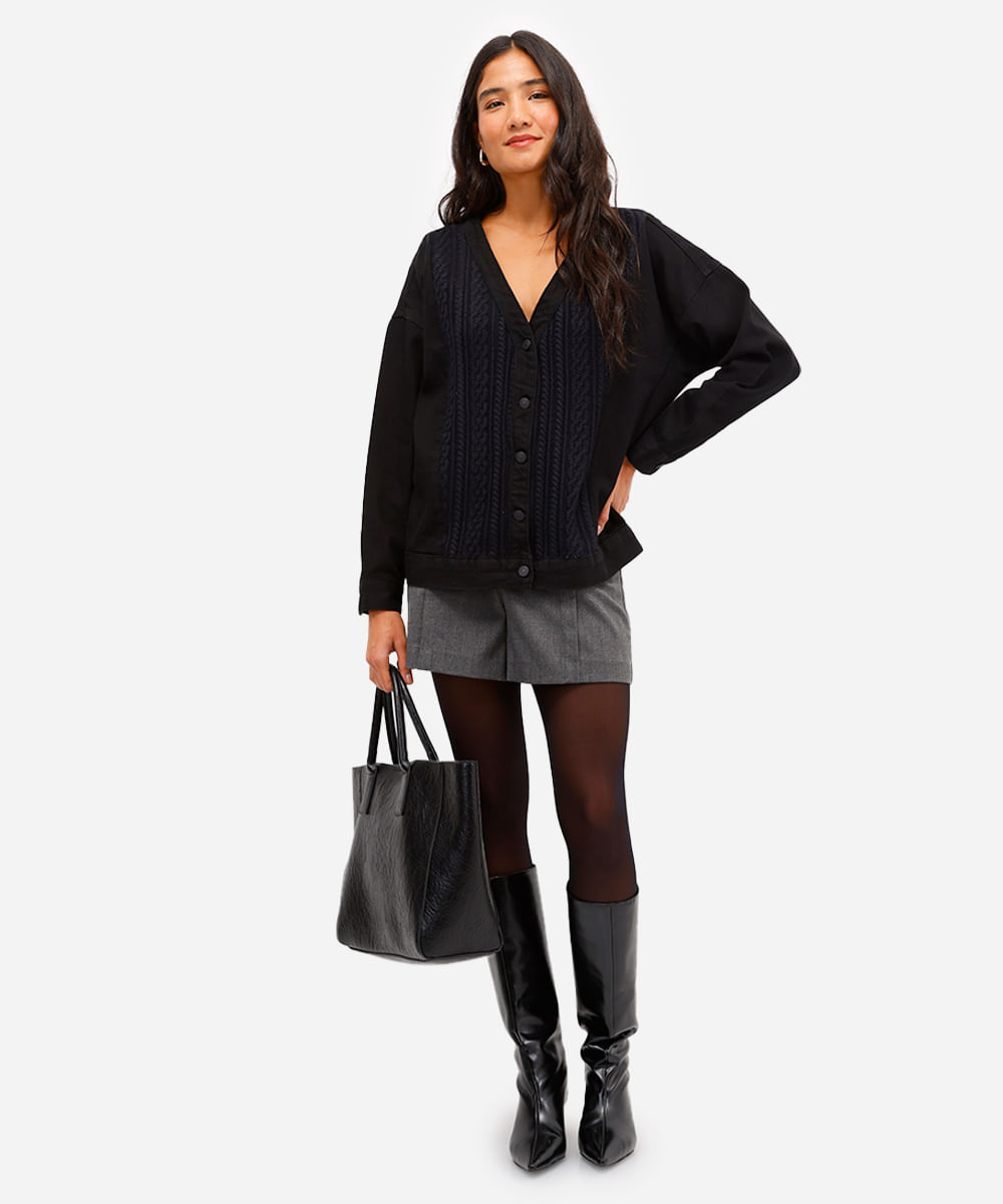 jaqueta jeans feminina com recorte em tricot preta