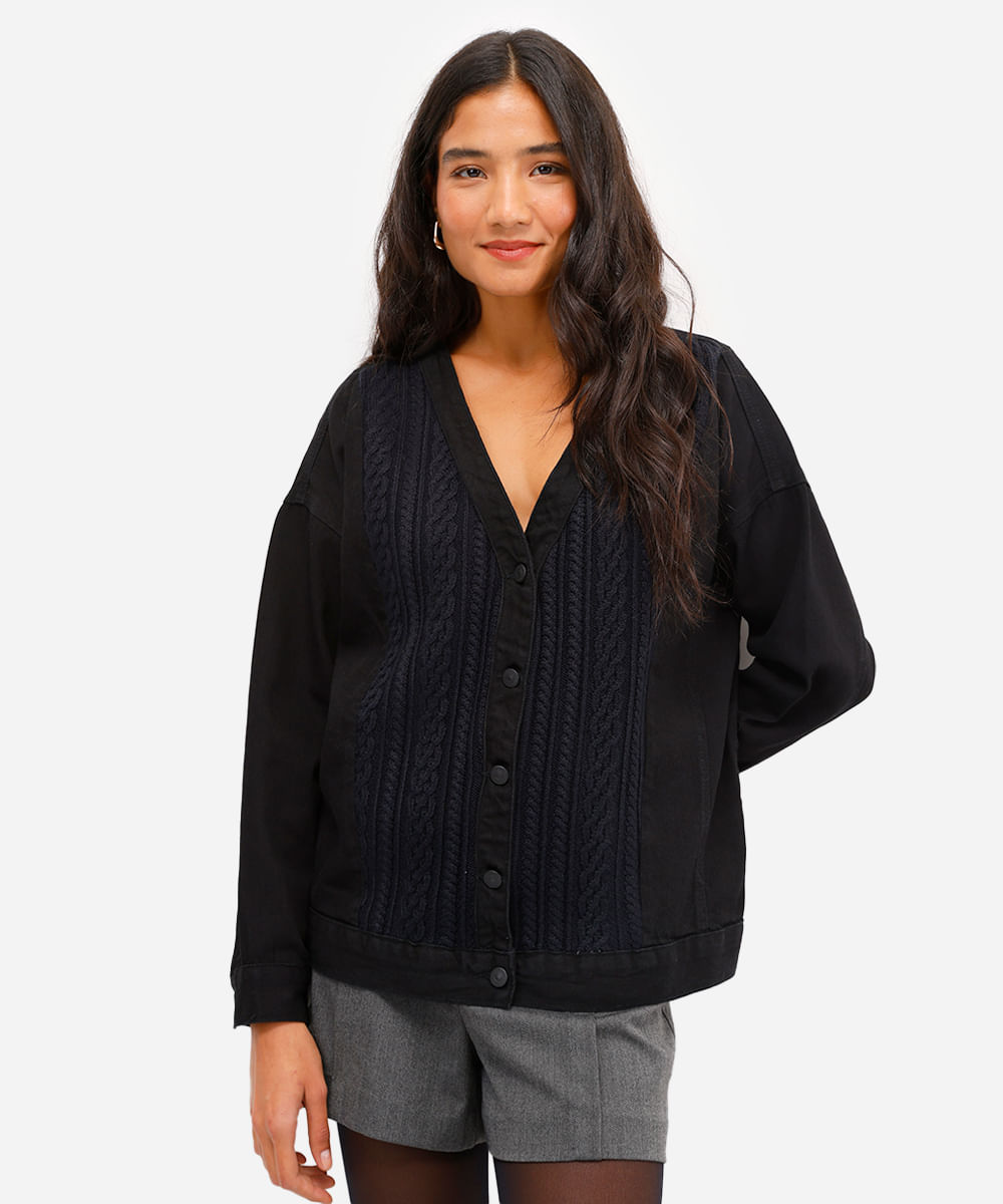 jaqueta jeans feminina com recorte em tricot preta