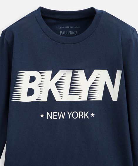 camiseta infantil de algodão manga longa estampada azul