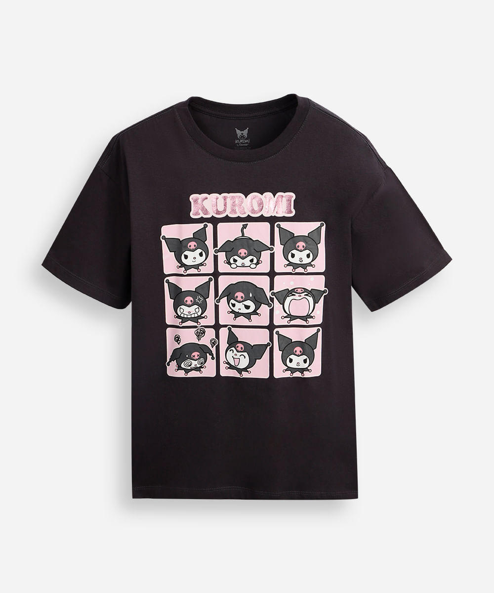camiseta oversized infantil manga curta hello kitty kuromi cinza