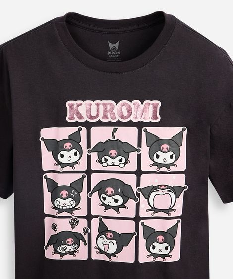 camiseta oversized infantil manga curta hello kitty kuromi cinza