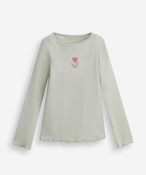blusa infantil de algodão manga longa com bordado canelada verde