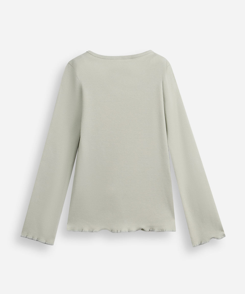 blusa infantil de algodão manga longa com bordado canelada verde