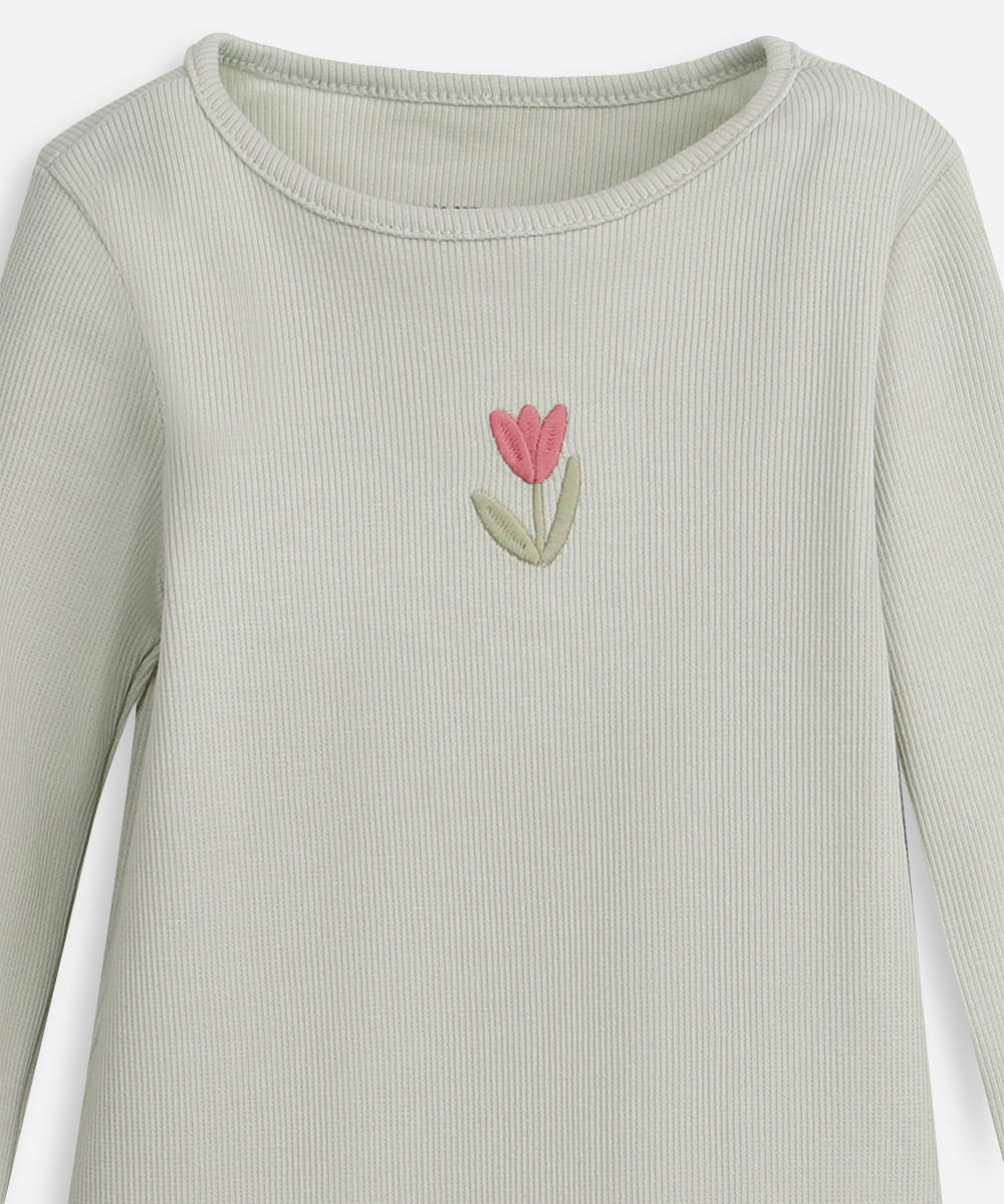 blusa infantil de algodão manga longa com bordado canelada verde