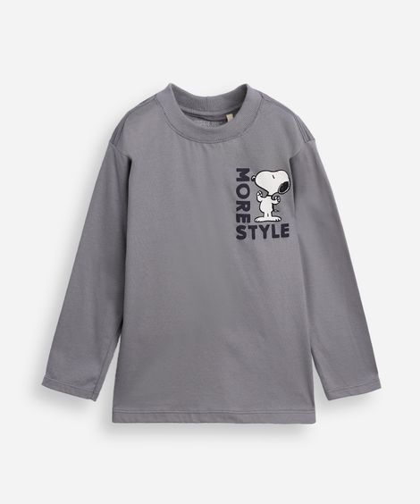camiseta infantil de algodão manga longa snoopy cinza