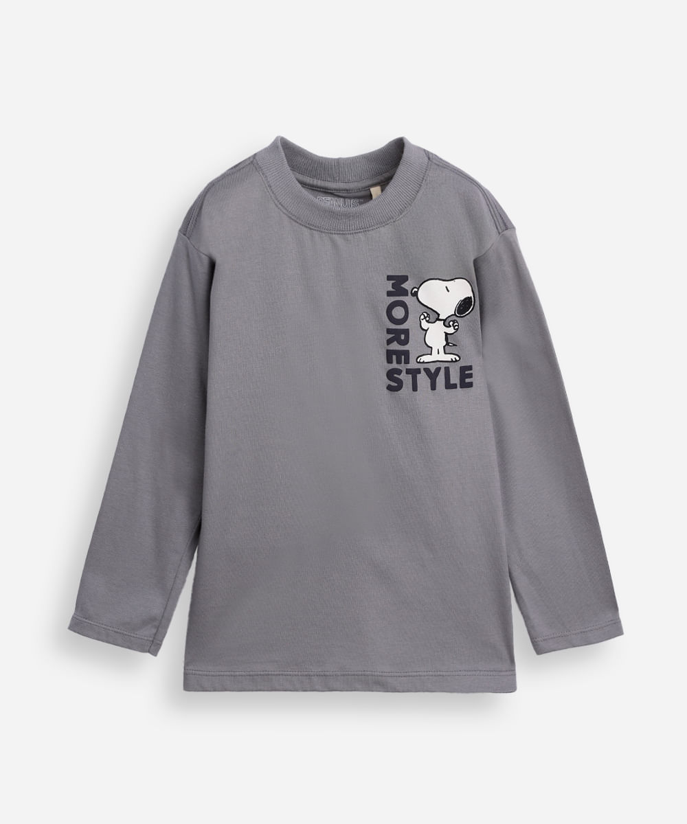 camiseta infantil de algodão manga longa snoopy cinza