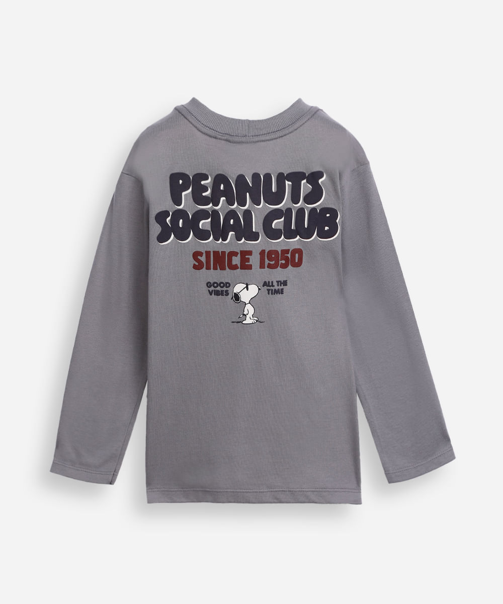 camiseta infantil de algodão manga longa snoopy cinza