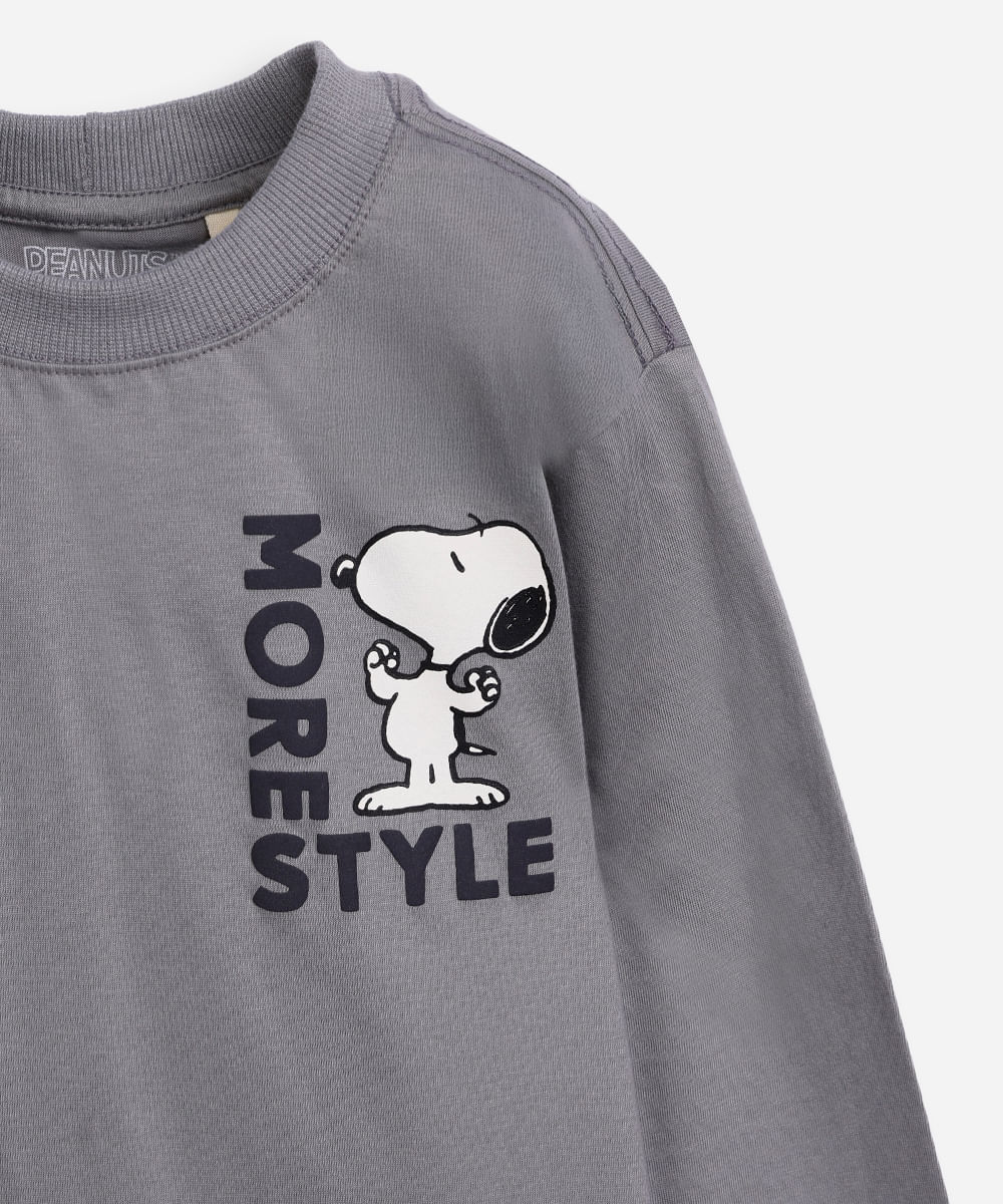 camiseta infantil de algodão manga longa snoopy cinza