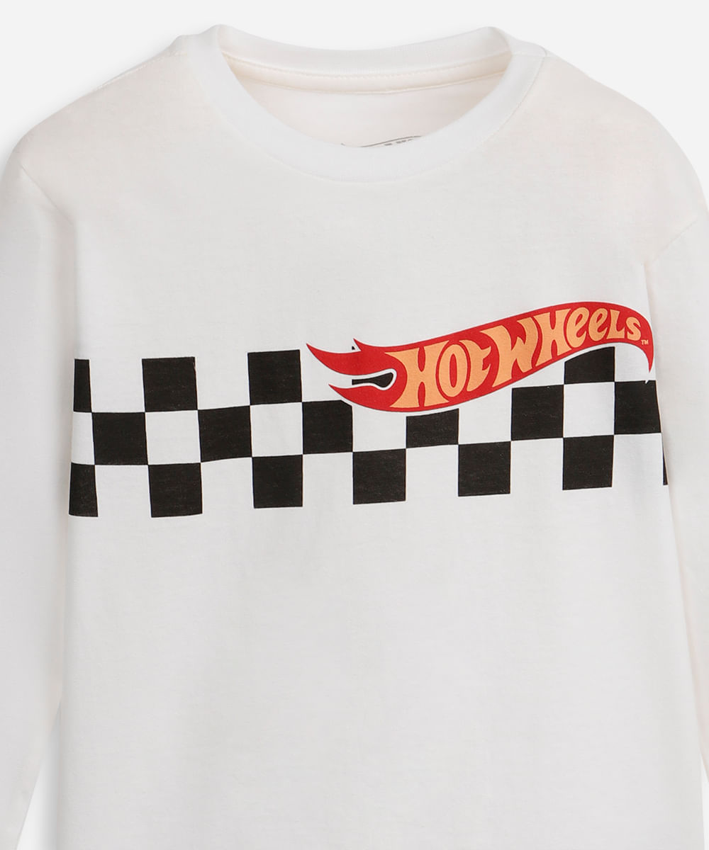 camiseta infantil de algodão manga longa hot wheels off white