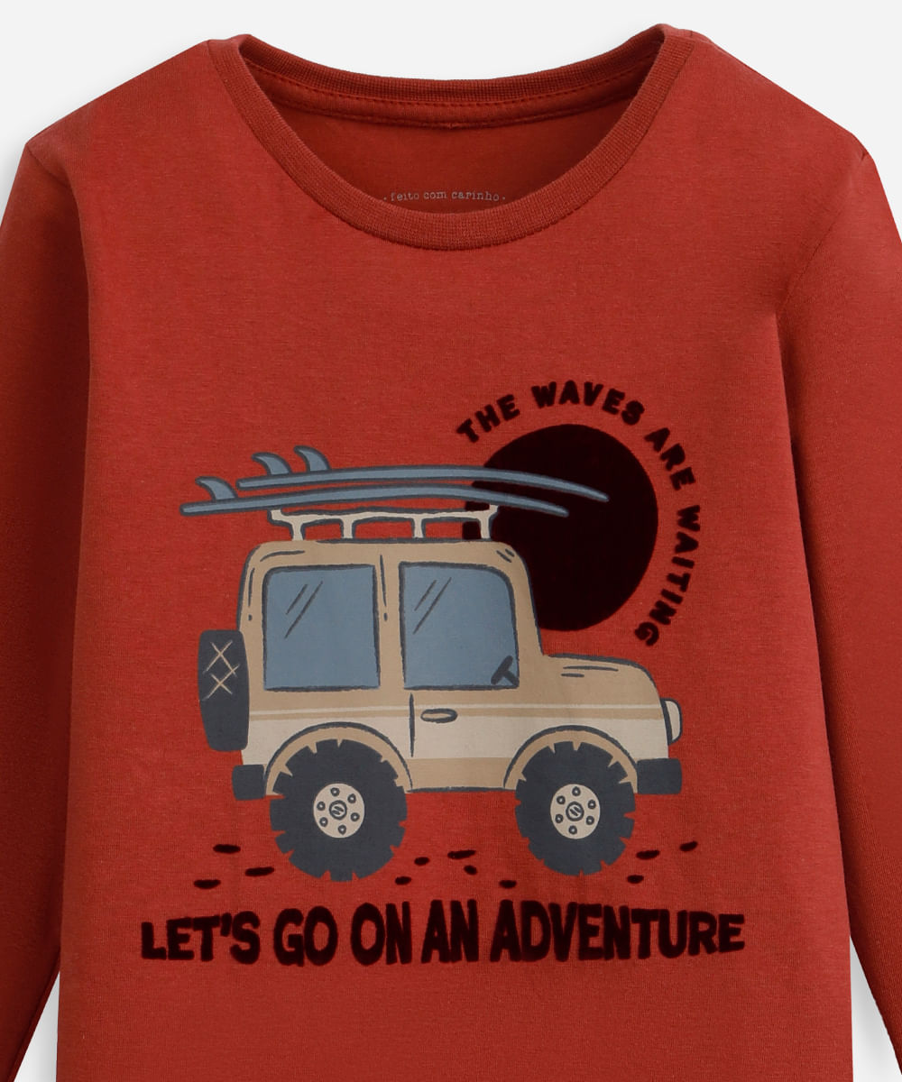 camiseta infantil de algodão manga longa jipe texturizada vermelho