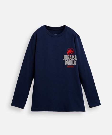 camiseta infantil de algodão manga longa jurassic park azul