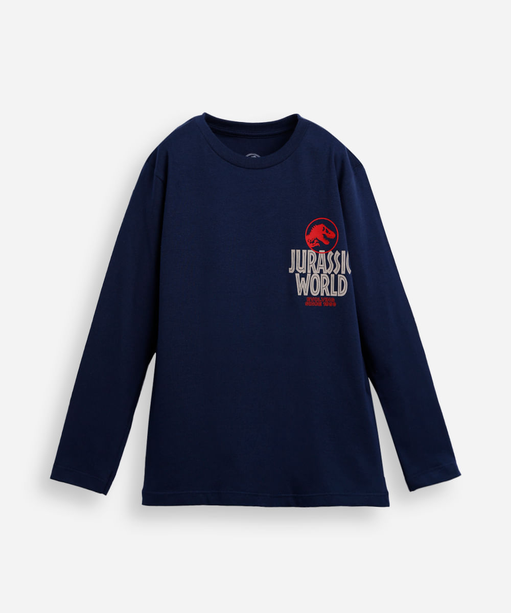 camiseta infantil de algodão manga longa jurassic park azul