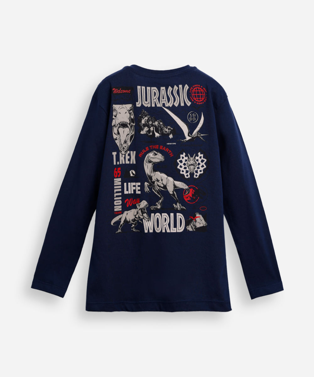 camiseta infantil de algodão manga longa jurassic park azul