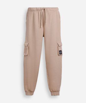 calça jogger juvenil de moletom com bolsos cargo bege