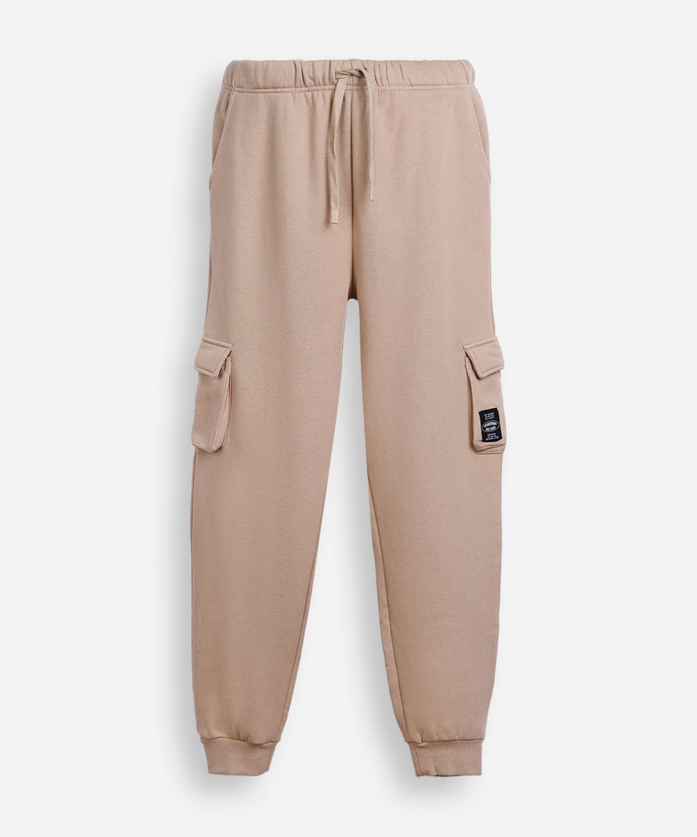calça jogger juvenil de moletom com bolsos cargo bege