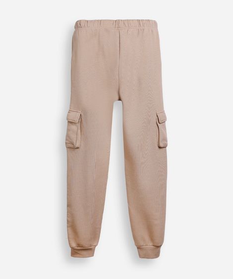 calça jogger juvenil de moletom com bolsos cargo bege