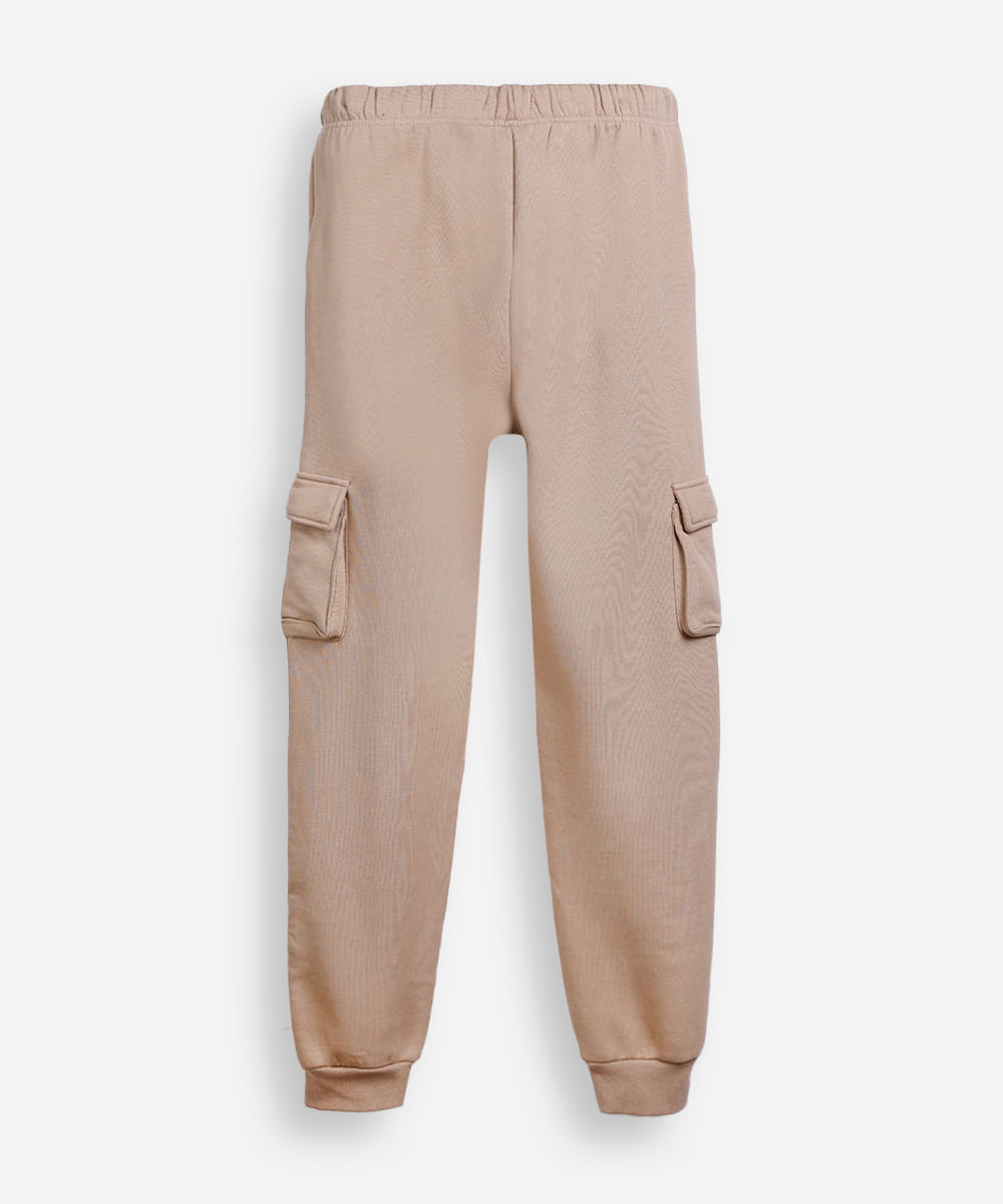 calça jogger juvenil de moletom com bolsos cargo bege