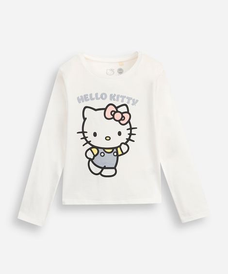blusa infantil de algodão manga longa hello kitty com glitter off white