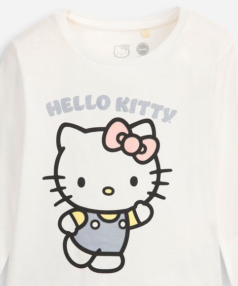 blusa infantil de algodão manga longa hello kitty com glitter off white