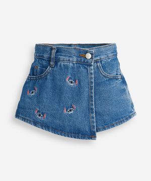 short saia infantil jeans transpassado stitch azul