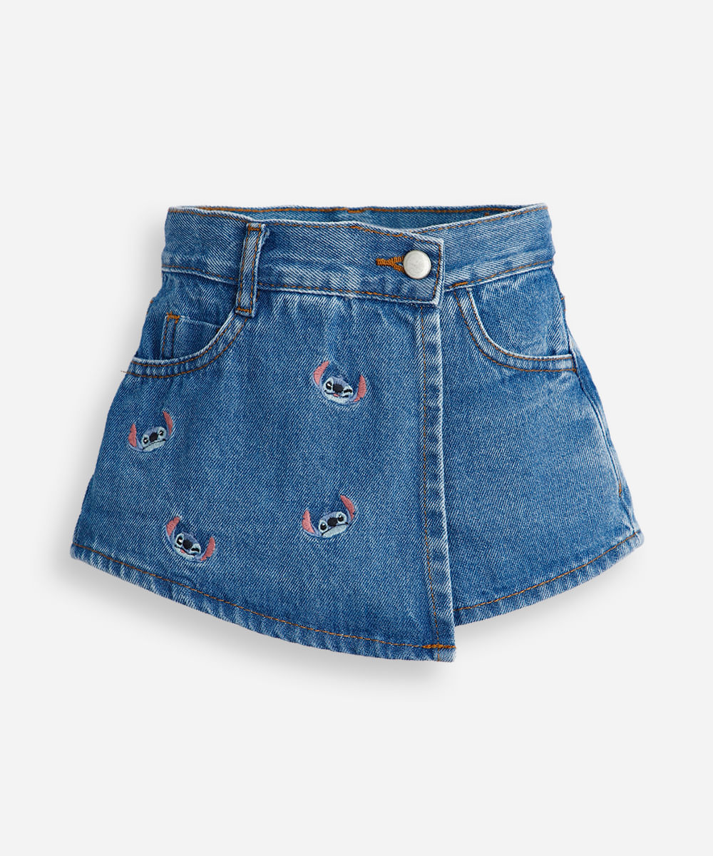 short saia infantil jeans transpassado stitch azul