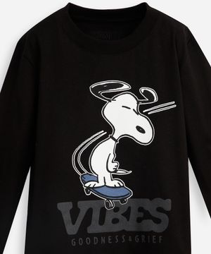 camiseta infantil de algodão manga longa snoopy preta