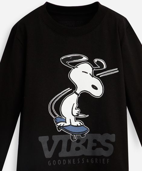 camiseta infantil de algodão manga longa snoopy preta