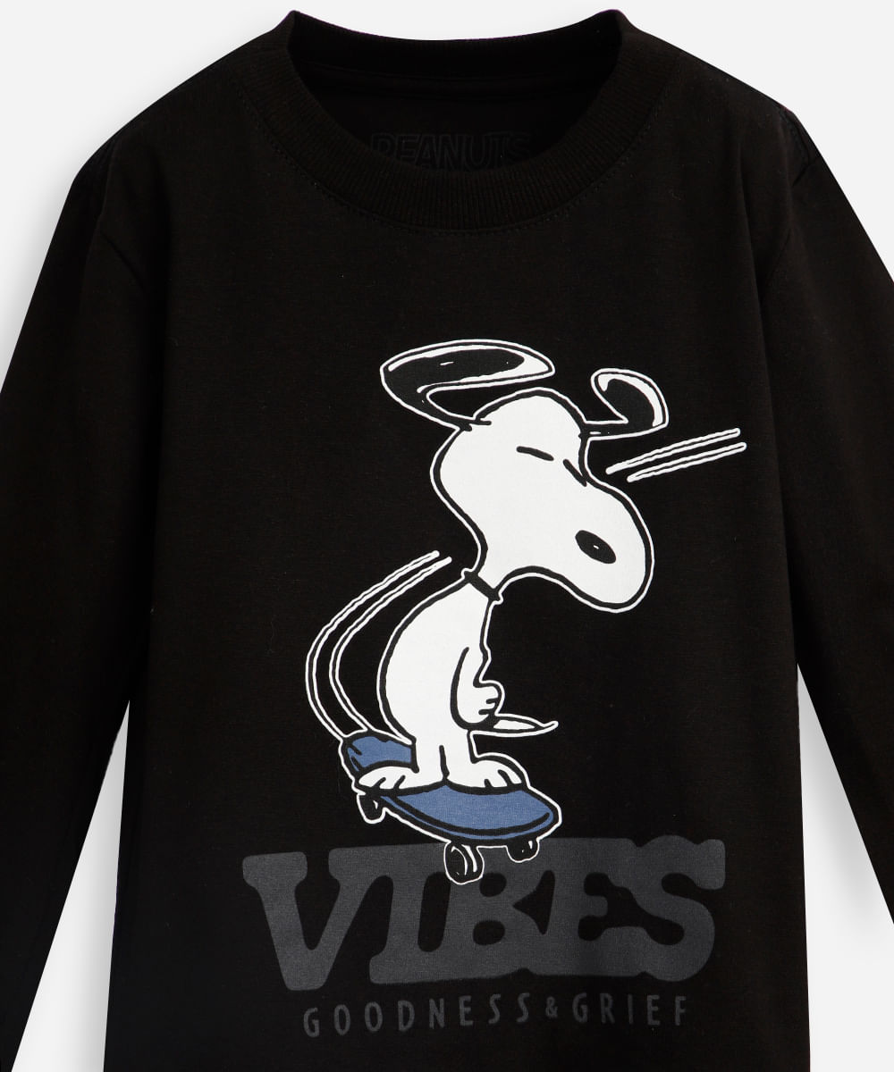camiseta infantil de algodão manga longa snoopy preta