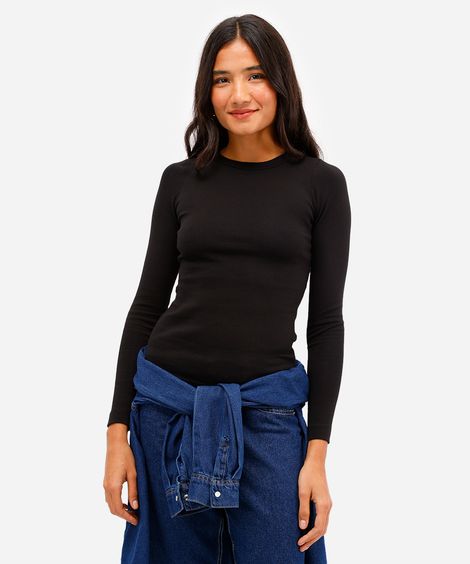 blusa feminina de algodão manga longa canelada preta