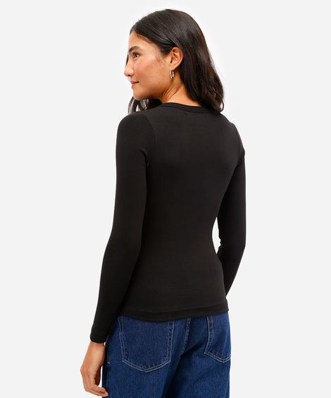 blusa feminina de algodão manga longa canelada preta