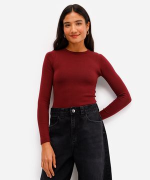 blusa feminina de algodão manga longa canelada vinho