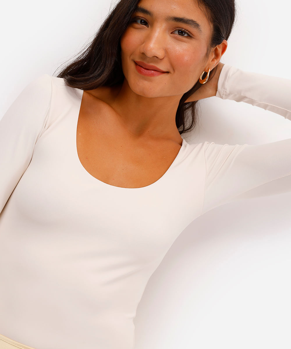 blusa feminina de poliamida manga longa bege